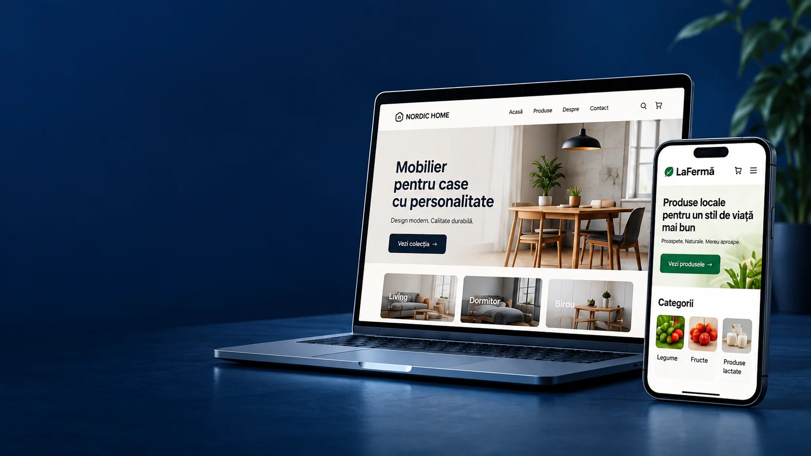 Ilustrație cu site-uri responsive pe laptop și telefon, pentru un magazin de mobilier și un catalog alimentar